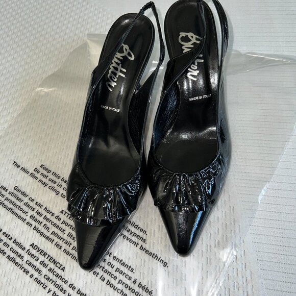 Butter Black‎ Patent Leather Italian Leather Slingback Pump Pointed Toe Heels - Picture 2 of 10